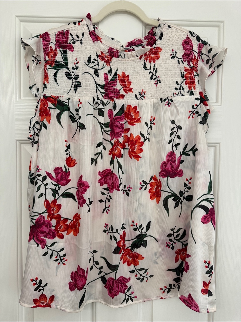 Old Navy Women’s Floral Smocked Yoke Top - White with Pink & Red Flowers